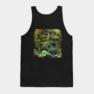 Sparkling Fantasy Cottage with Lights and Glitter Background in Forest, Scenery Nature Tank Top